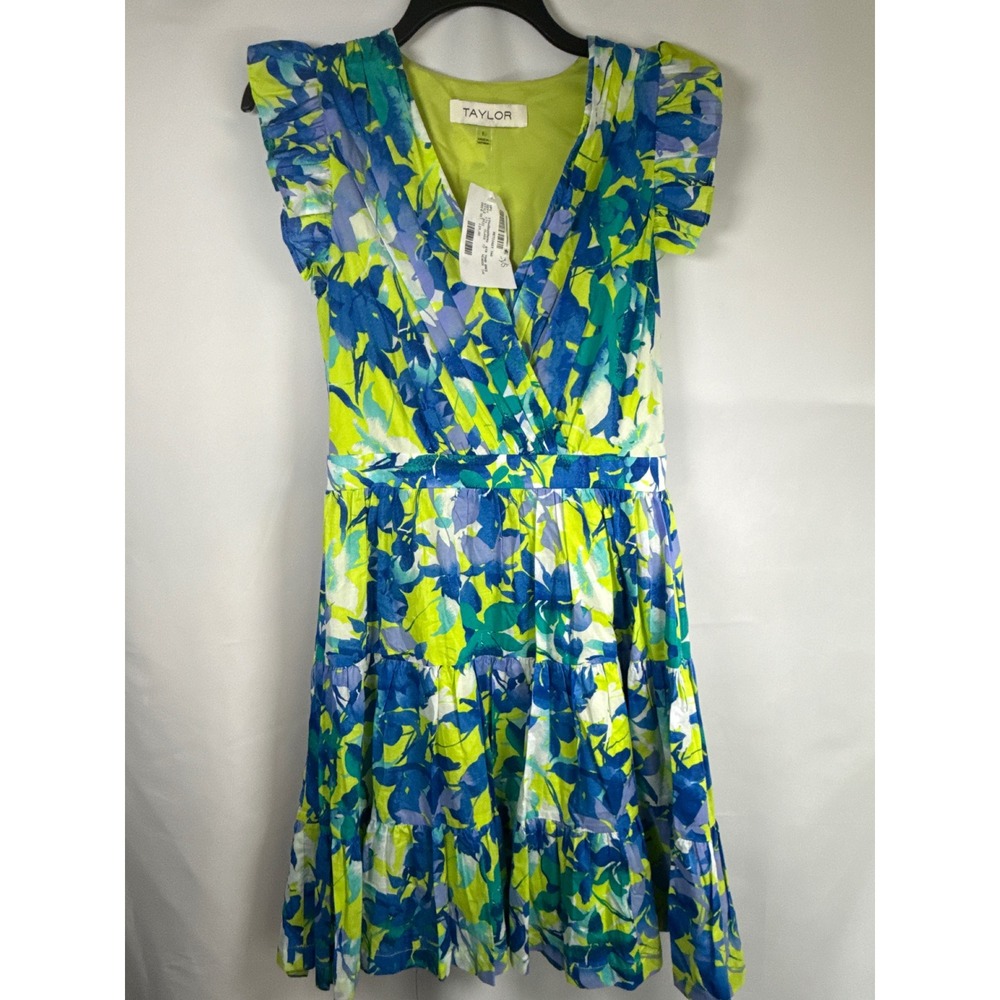 Taylor Floral Ruffle Tiered Fit & Flare Dress Blue Lime Green Size 8 tropical Nw